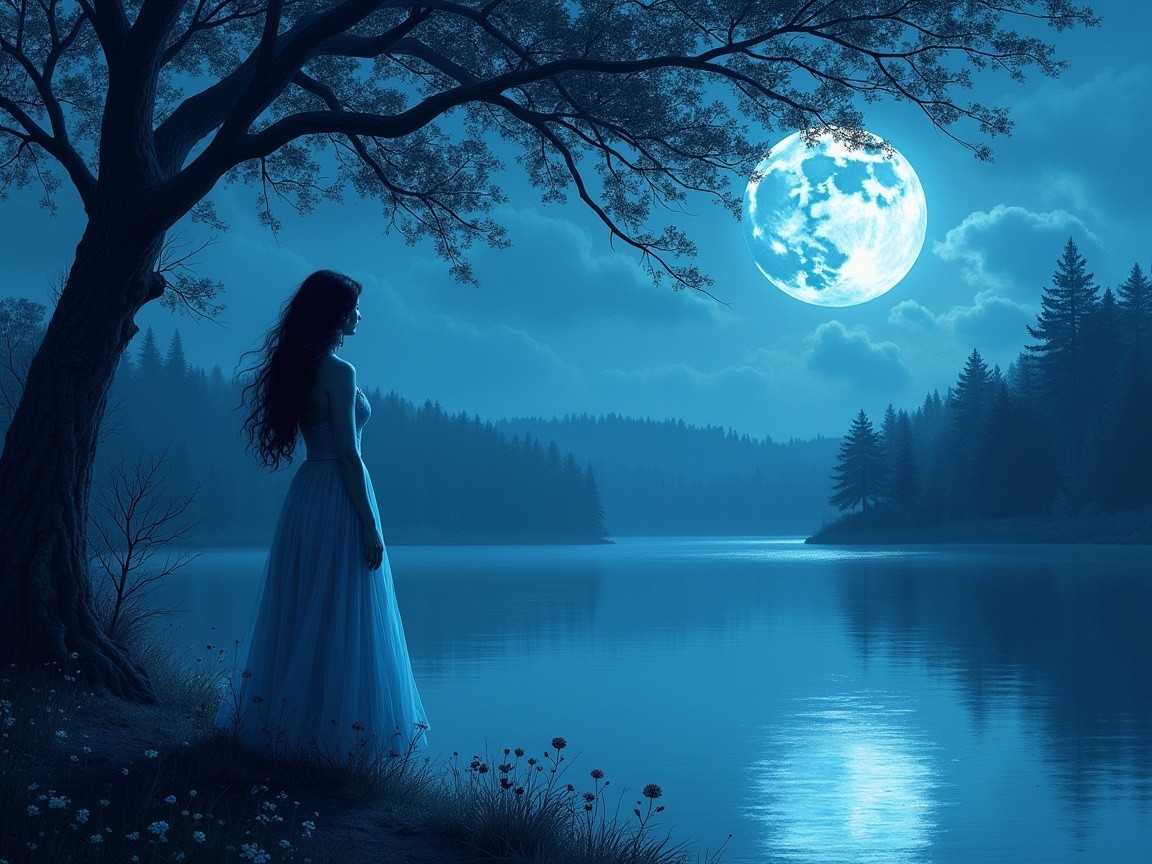 Serene Night Scene by a Tranquil Lake with Moonlight