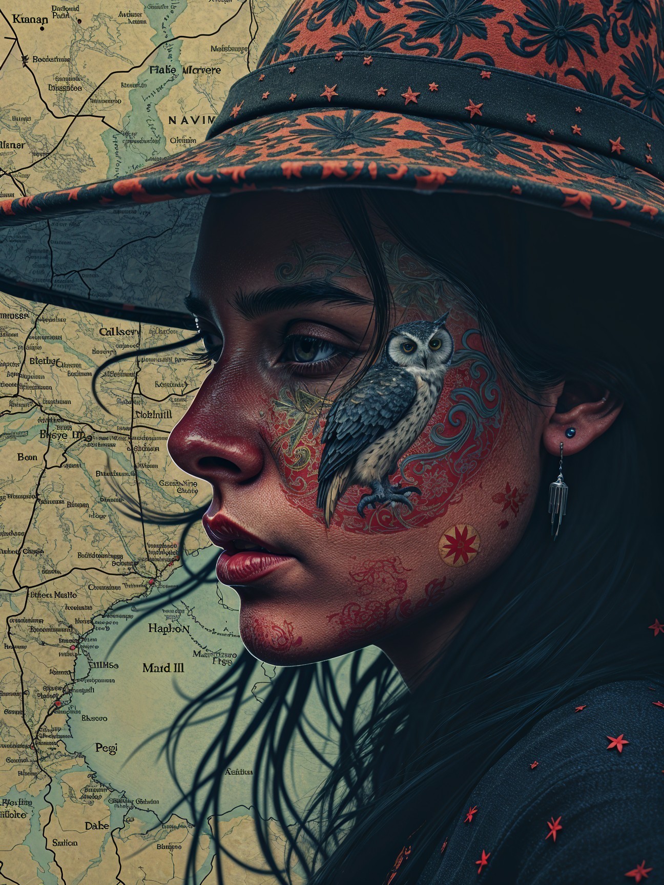 Young Woman with Floral Hat and Body Art Portrait