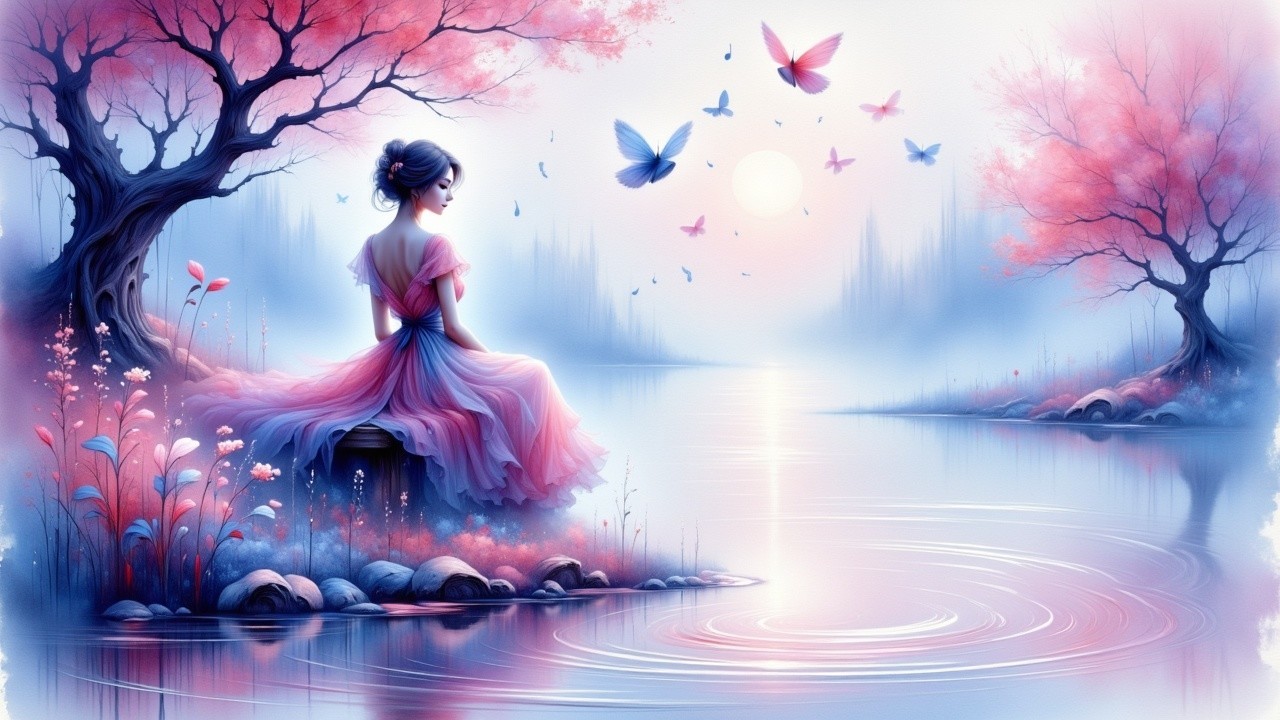 Young Woman in Pink Dress by Tranquil Lake at Sunset