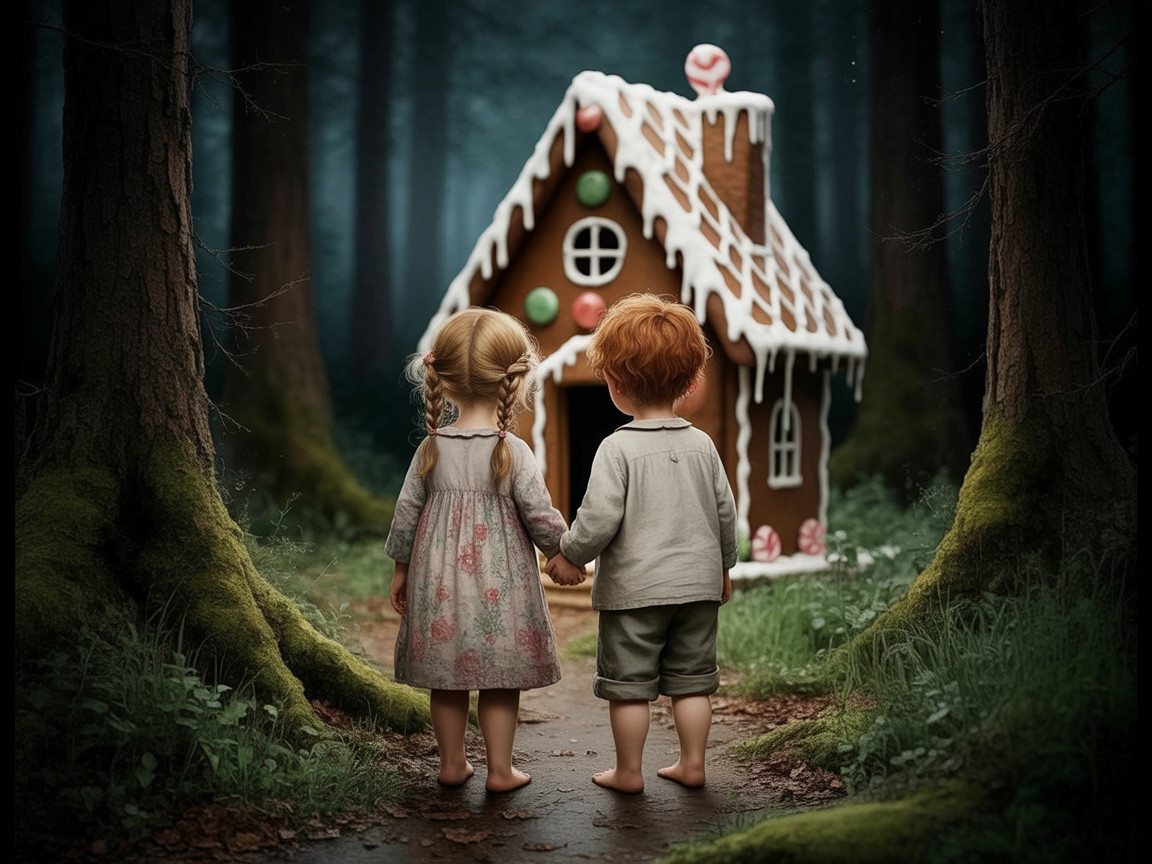 Children by Gingerbread House on Forest Path