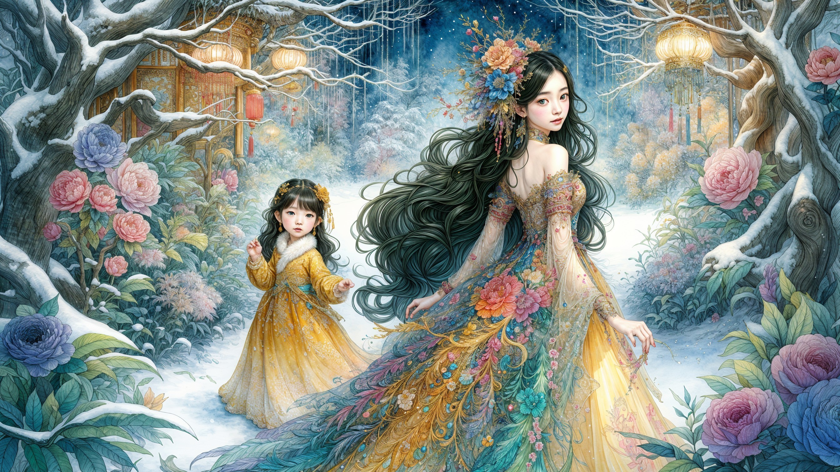 Snowy Landscape with Floral Gown and Lanterns
