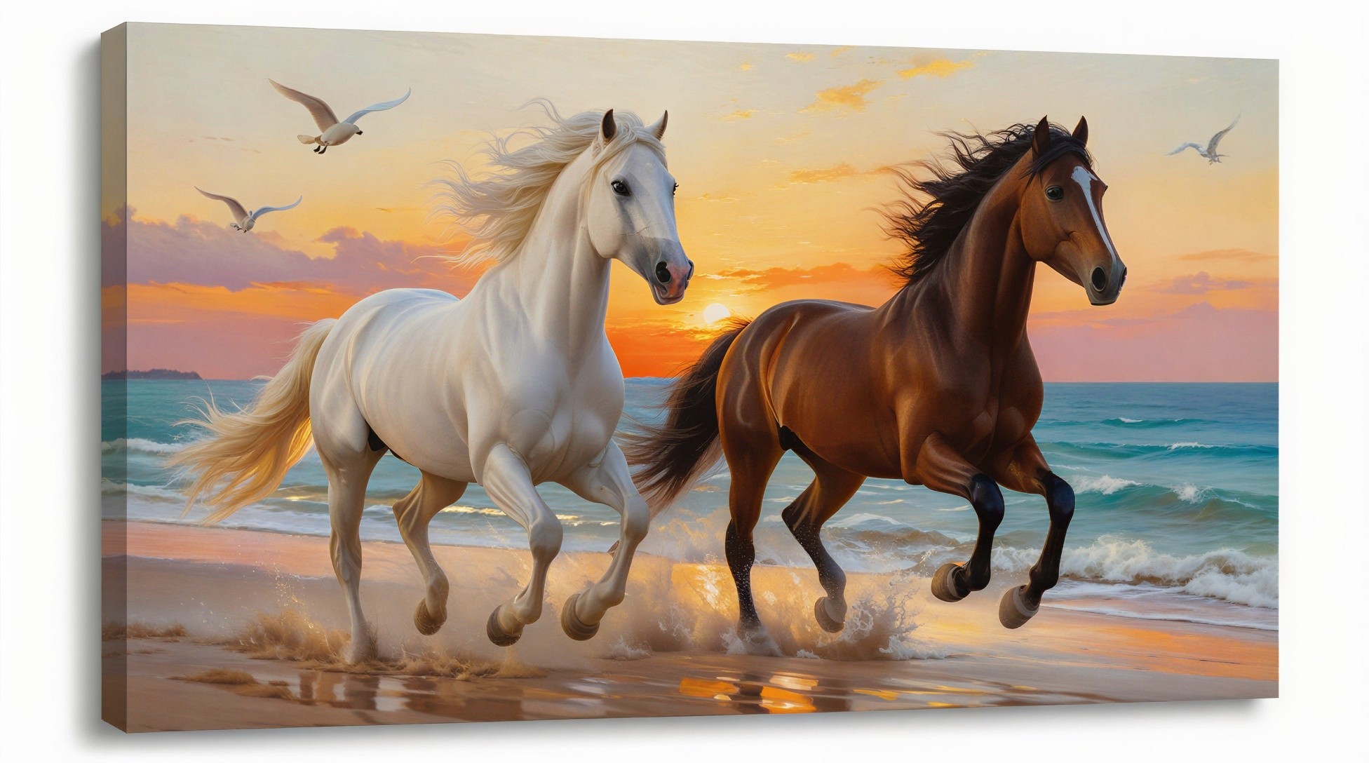 Horses Galloping Through Water at Sunset on Beach