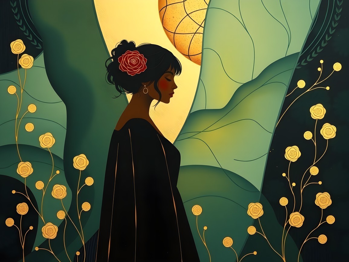 Silhouette of a Woman with Rose and Foliage Background