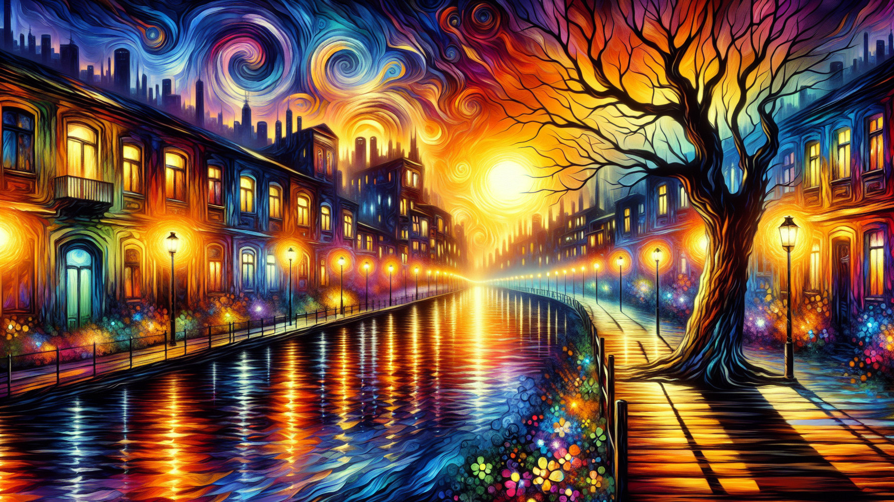 Impressionistic Sunset Scene by a Canal with Trees
