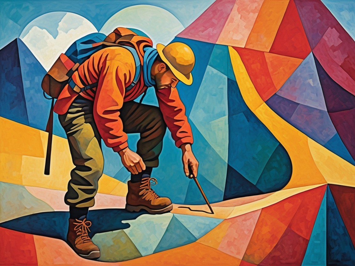 Climber Measuring Terrain in Colorful Mountain Scene