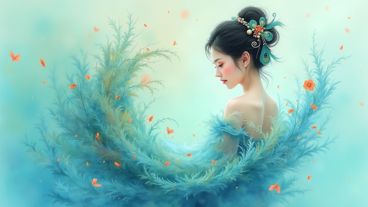 Graceful Woman in Flowing Gown Surrounded by Nature