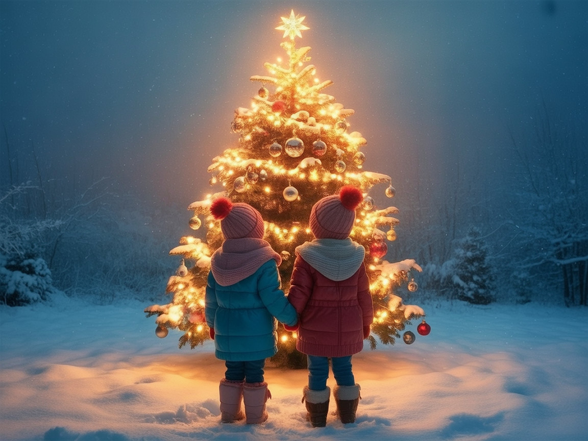 Children by a Christmas tree in a snowy landscape