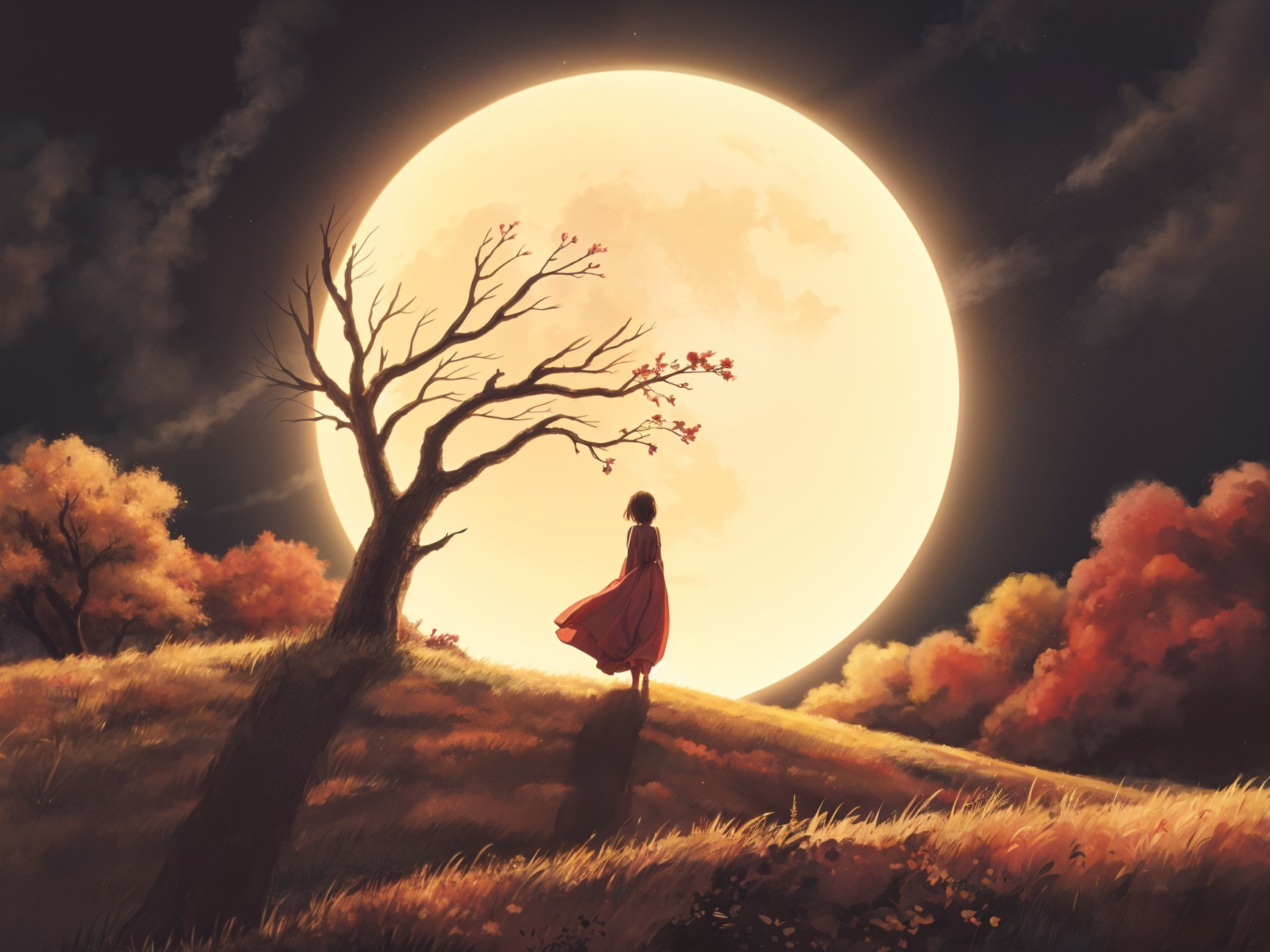 Silhouette of a girl in a red cloak under a full moon