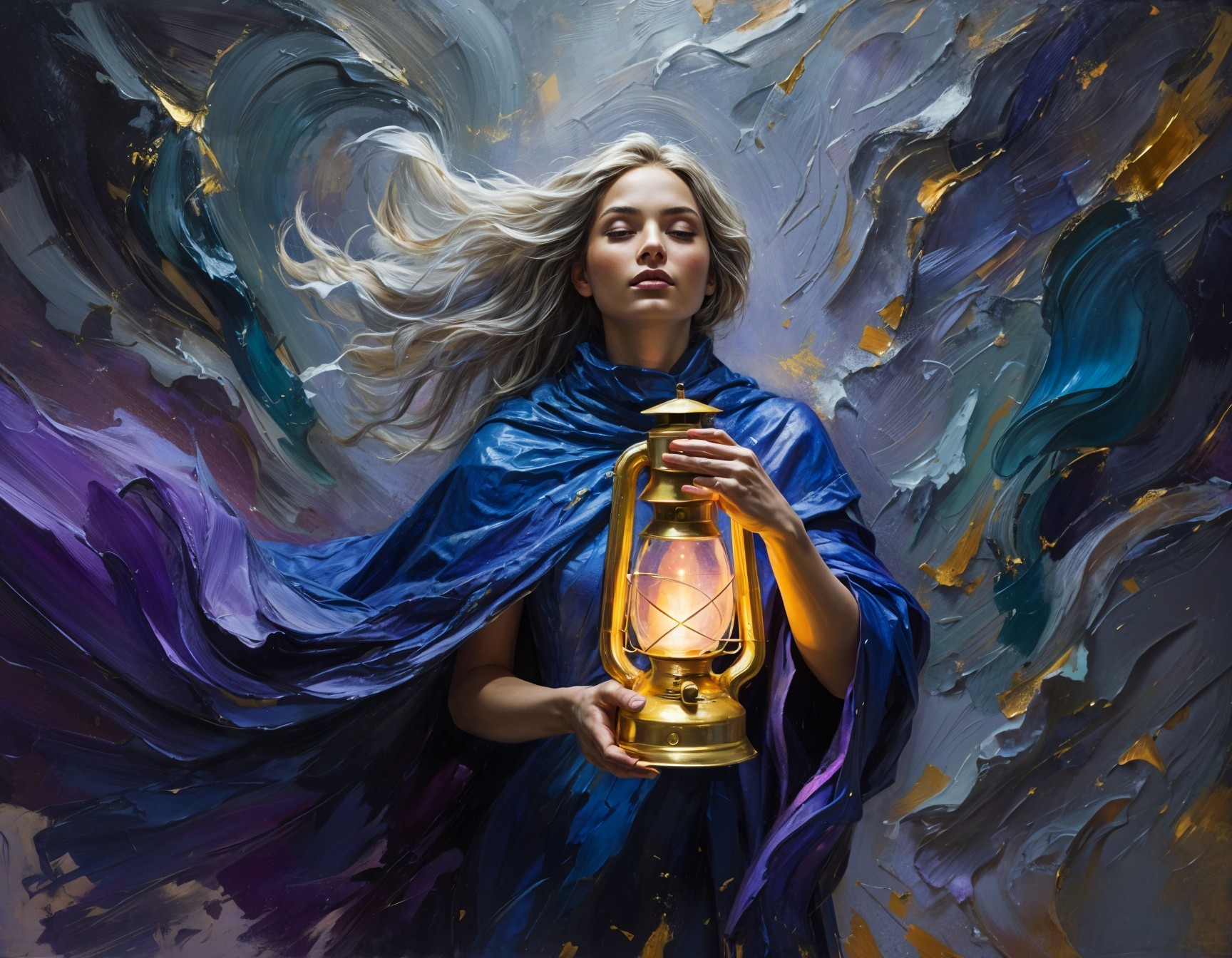 Mystical woman in blue with glowing lantern and abstract background
