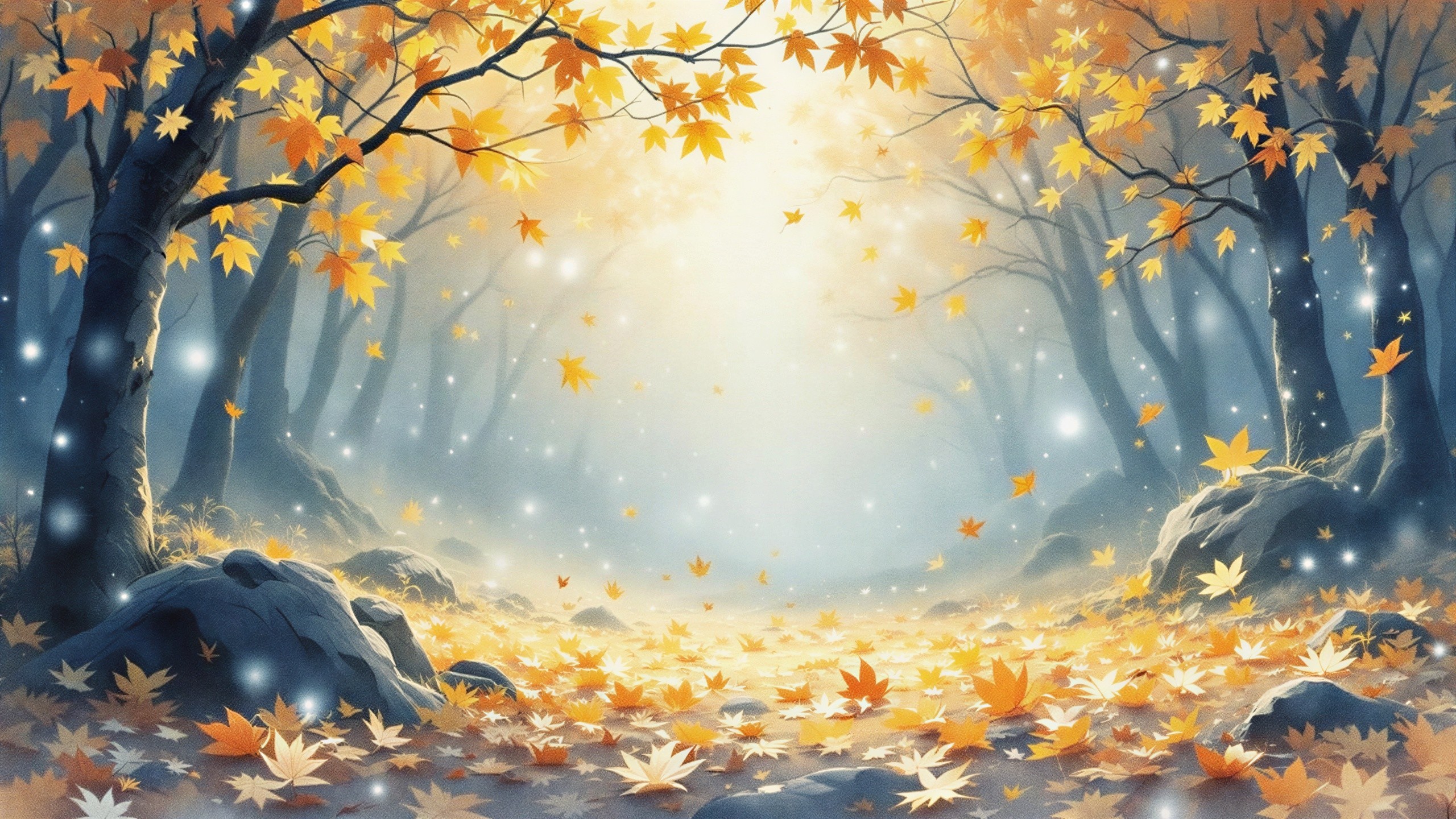 Serene Autumn Forest with Golden Light and Mist