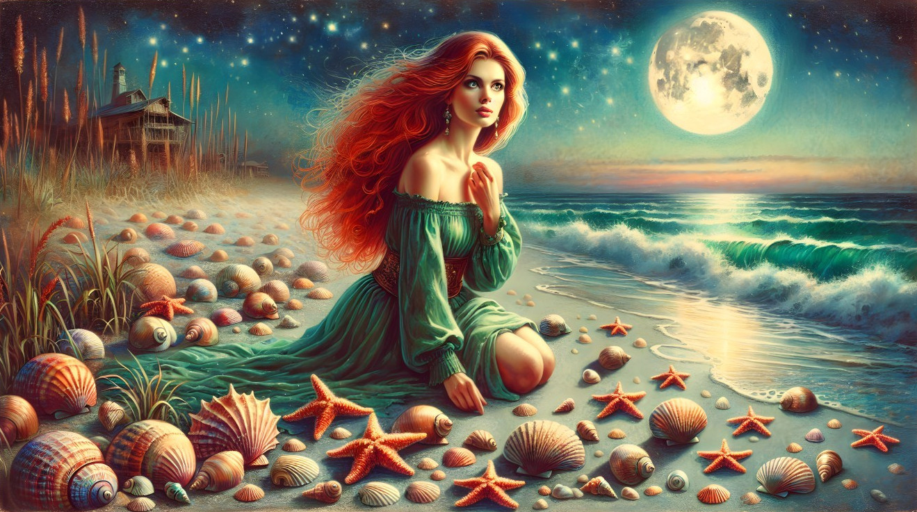 Serene Beach Scene with Moonlight and Seashells