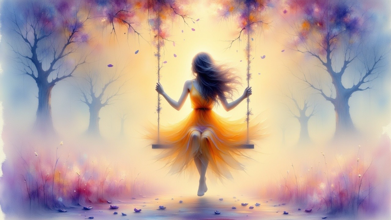 Young Woman in Orange Dress on a Swing in Nature