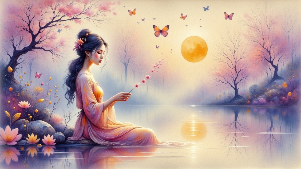 Young Woman by Tranquil Lake at Twilight