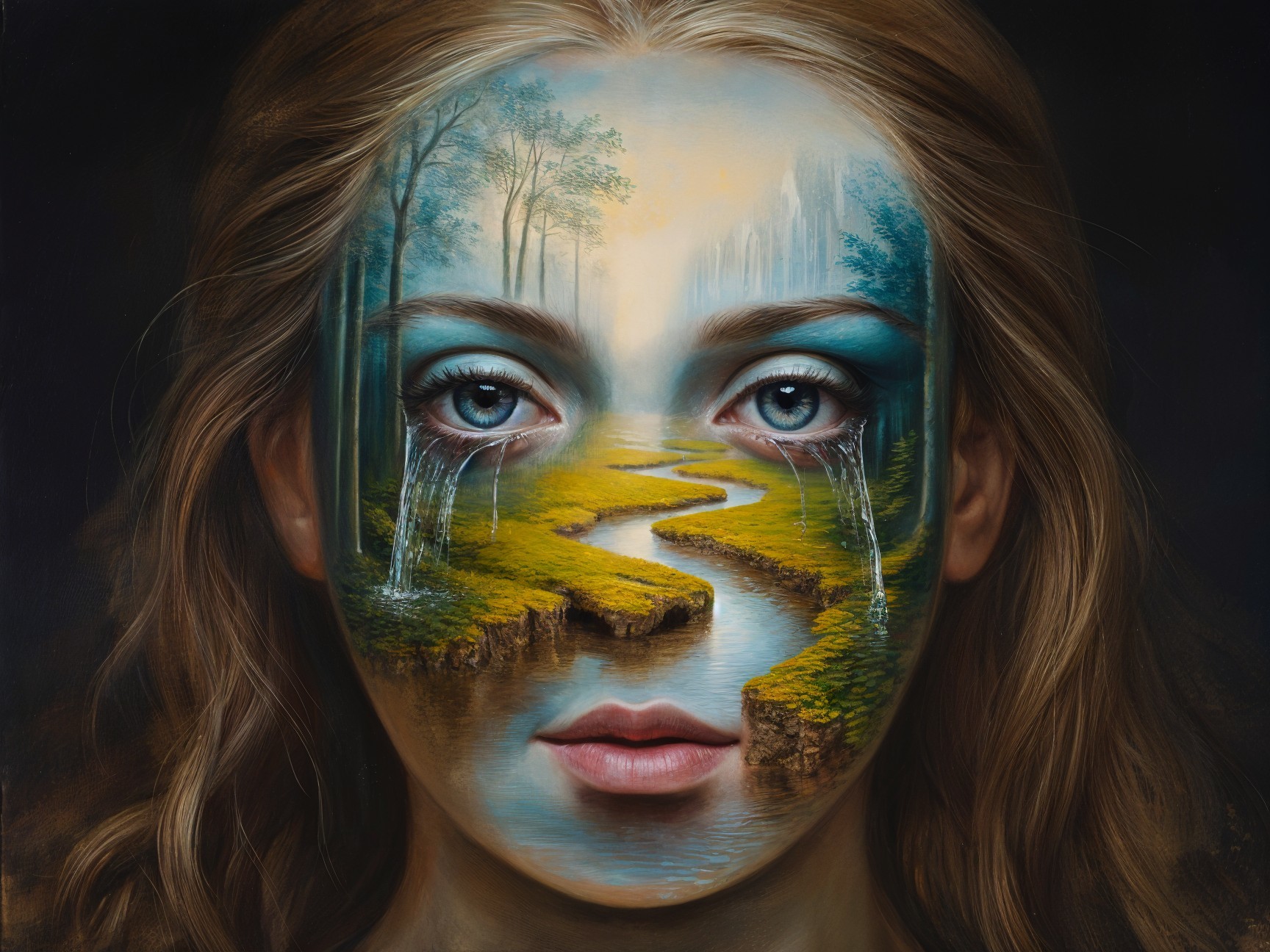 Young Woman's Face Merged with Serene Landscape