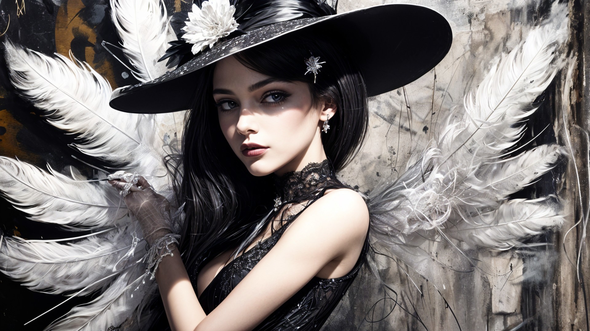 Elegant figure with dark hair and feathered wings