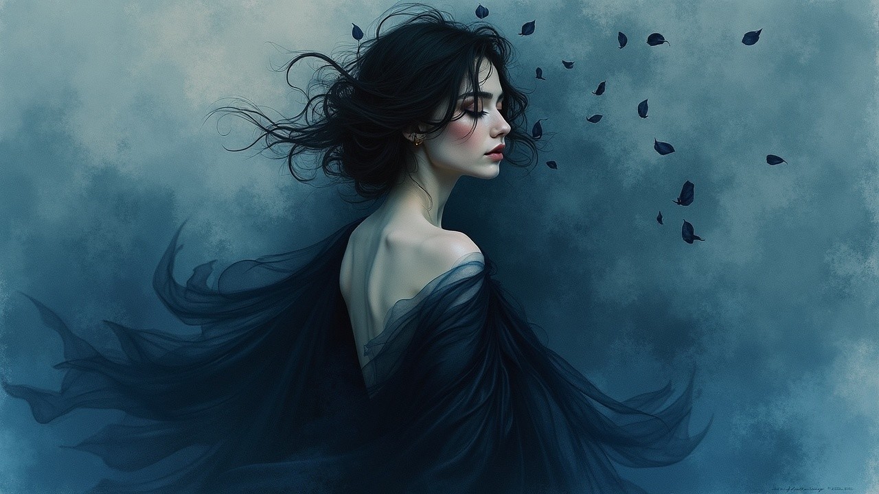 Ethereal Woman with Dark Hair and Butterflies in Blue