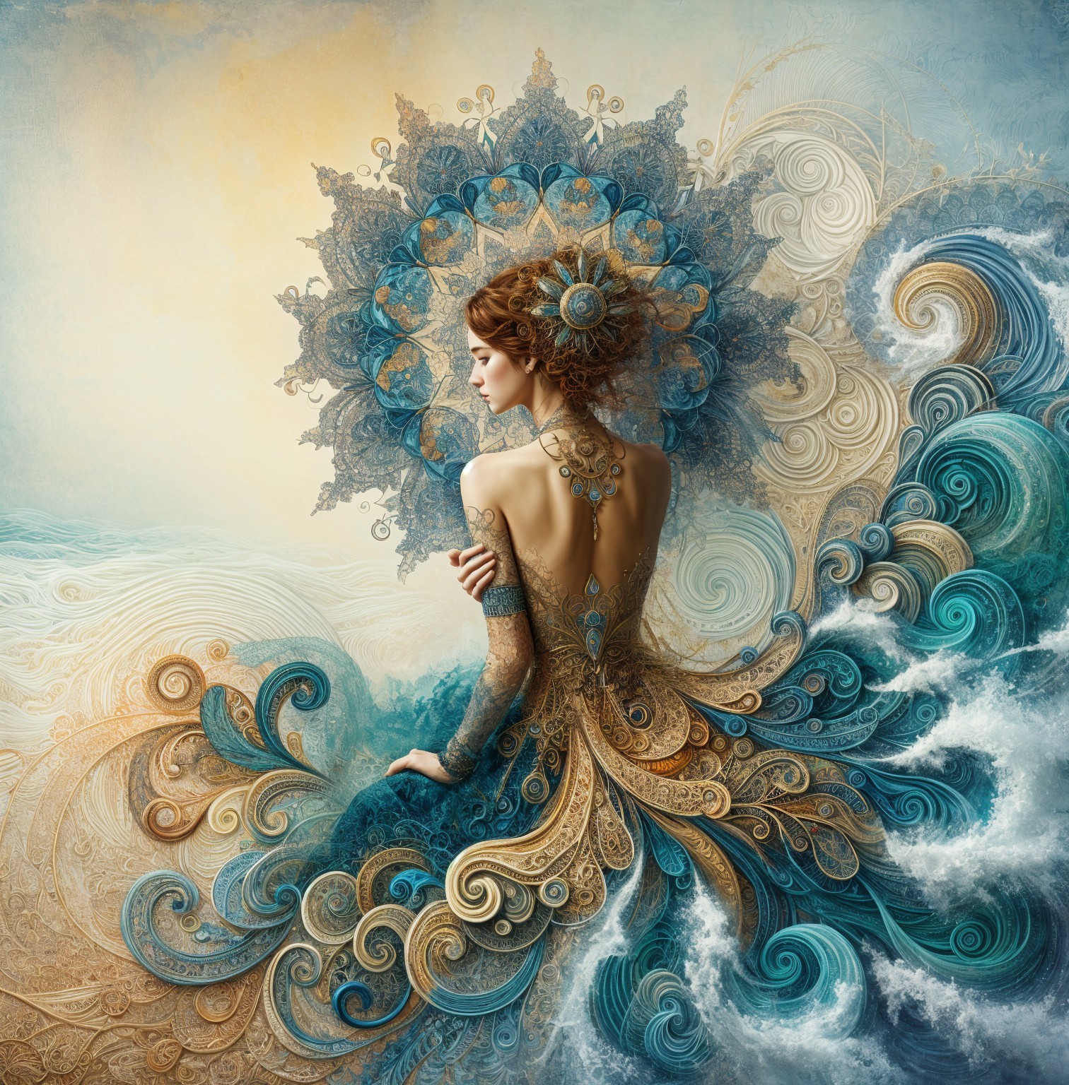 Intricate gown design with oceanic patterns and waves