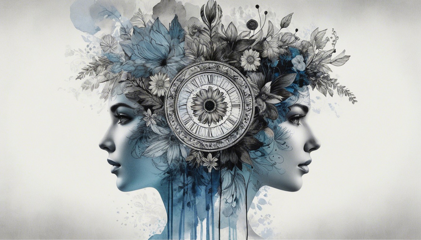 Silhouettes of Women's Faces with Floral Designs and Clock