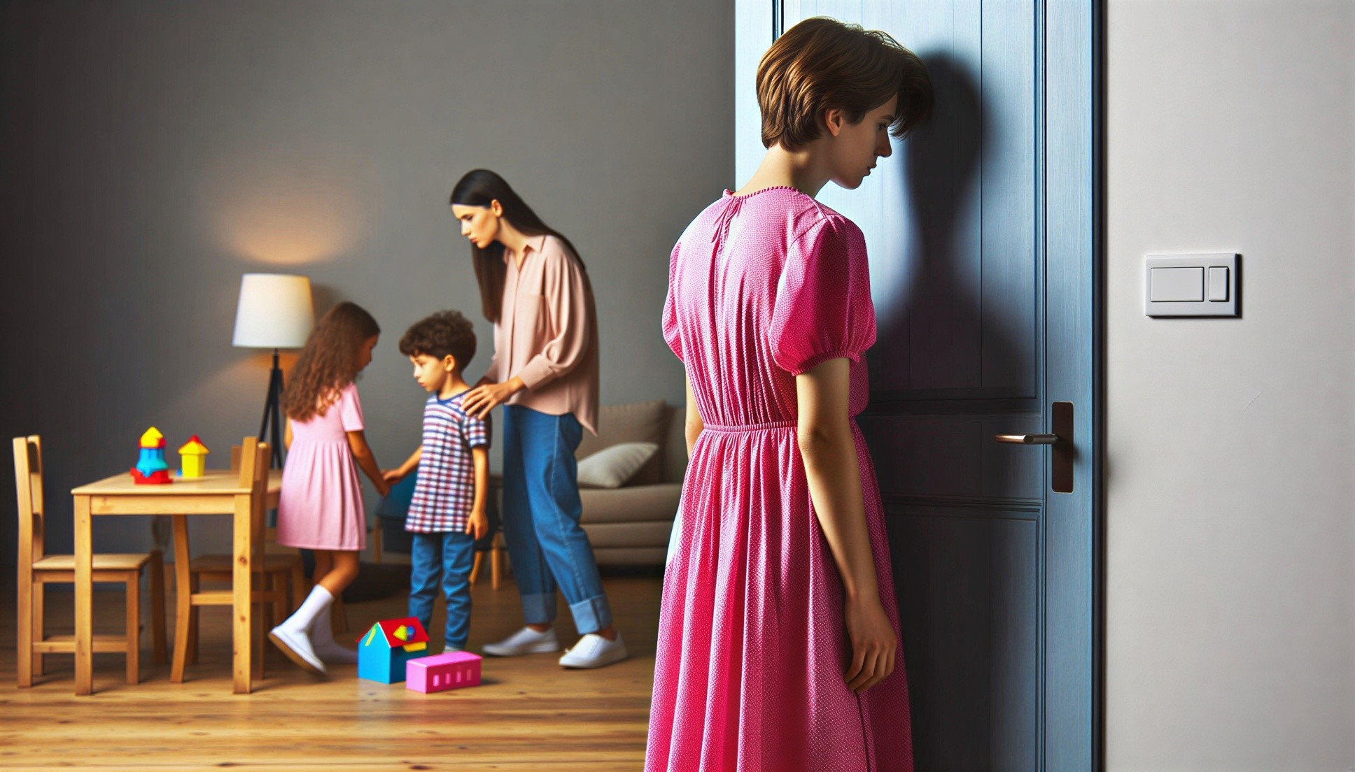 Woman in Pink Dress by Blue Door with Family Scene