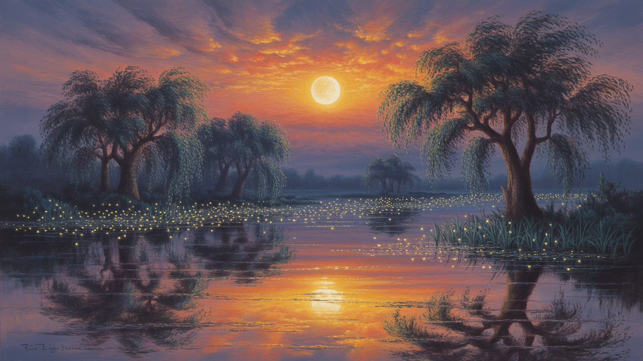 Twilight River Scene with Sunset and Full Moon