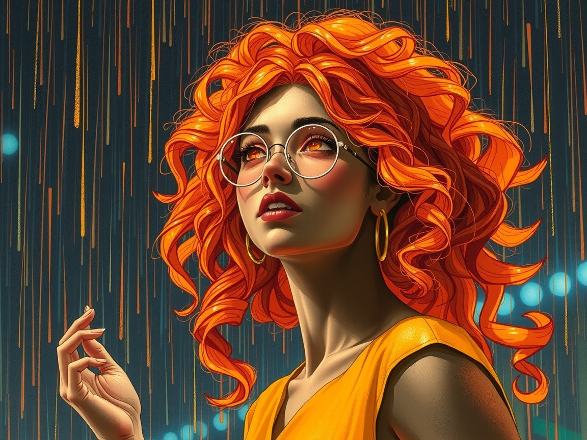 Young woman with orange hair in golden rain backdrop