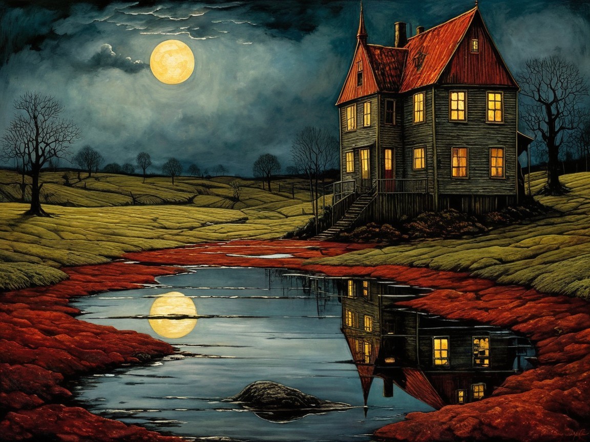 Solitary House by Reflective Pond Under Full Moon