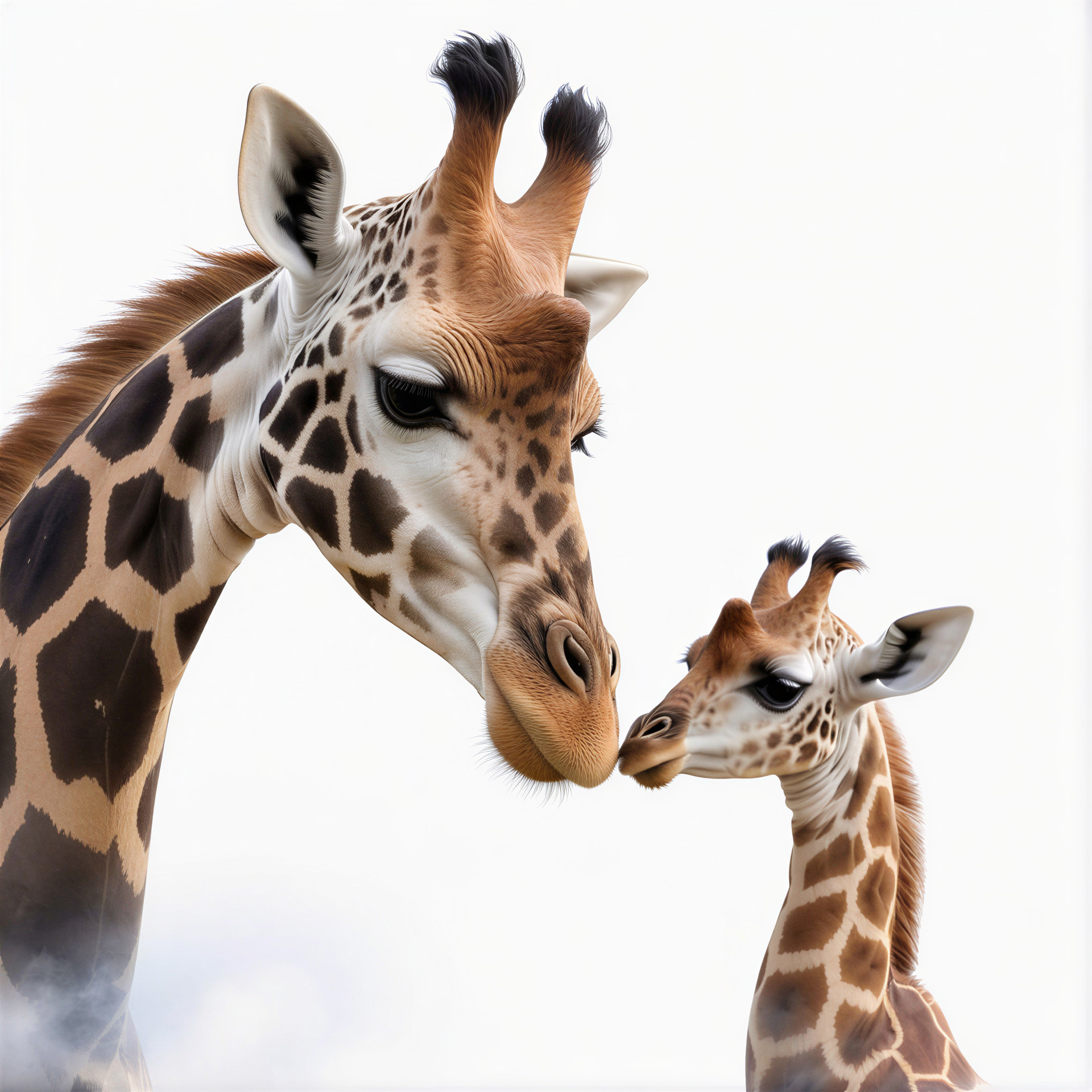 Mother Giraffe and Calf in Gentle Interaction