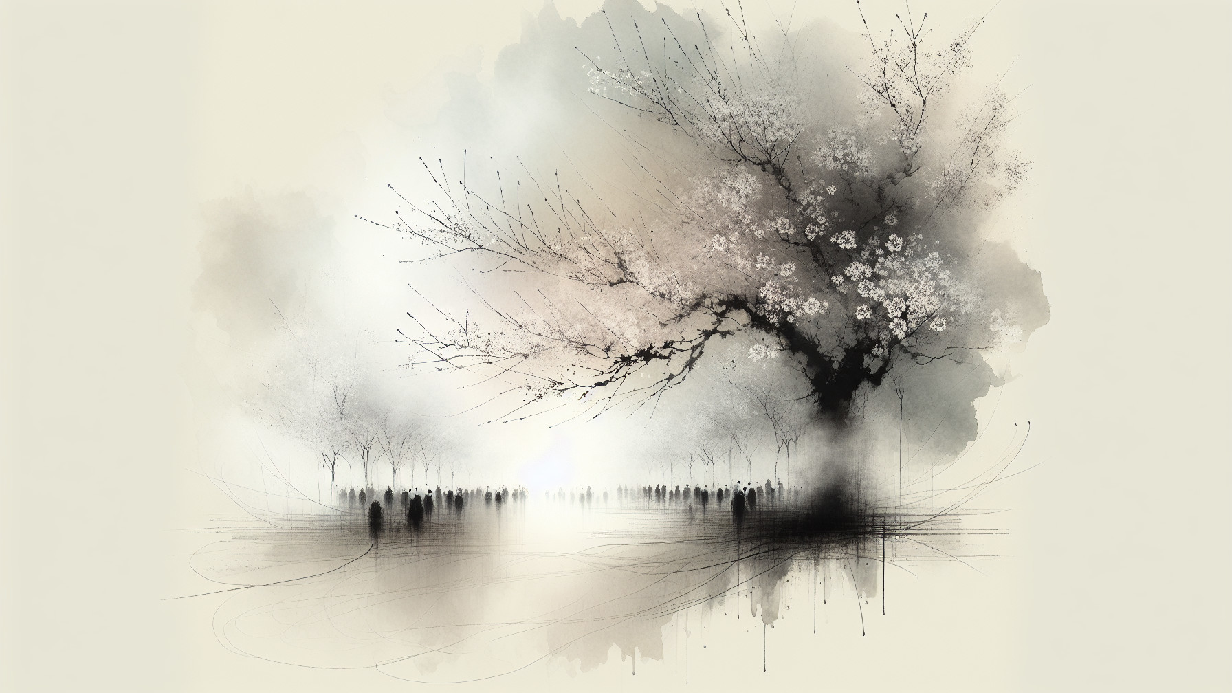 Serene Landscape with Cherry Blossoms and Misty Ambiance