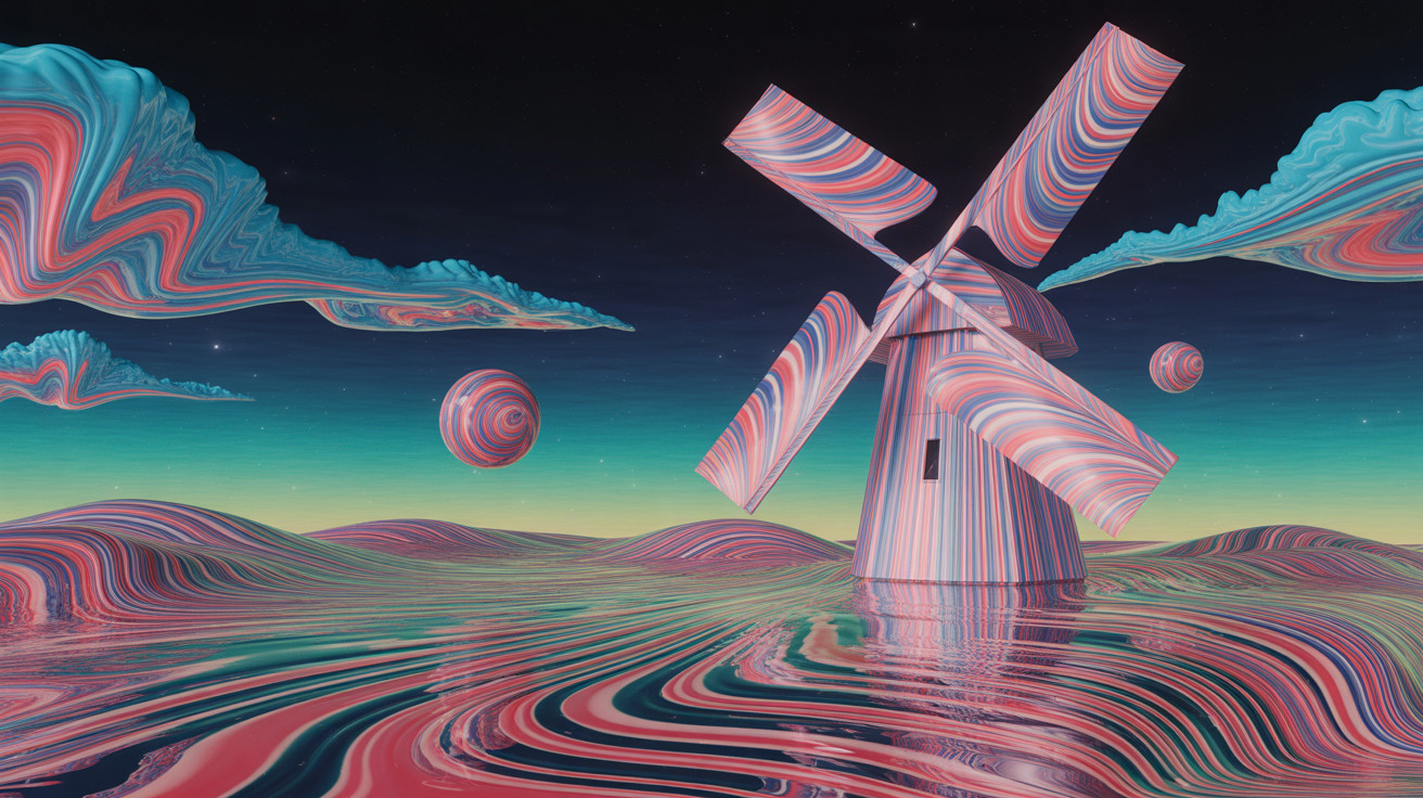 Surreal Landscape with Colorful Windmill and Planets