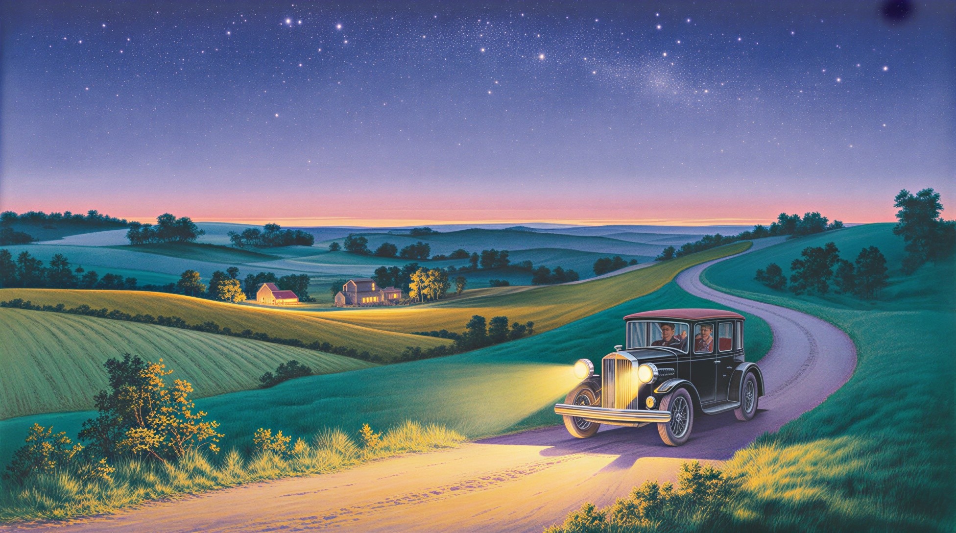 Vintage Car on Winding Road at Dusk with Stars