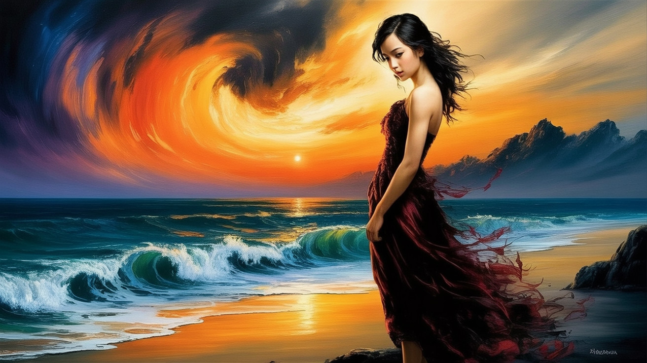Coastal Sunset with Woman in Red Dress by Water