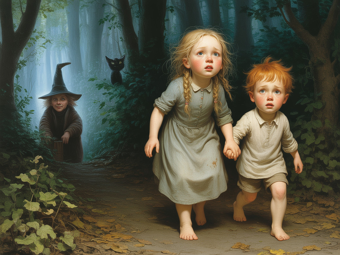 Children Running in a Mystical Forest with a Witch