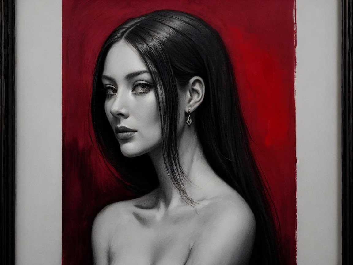 Portrait of a Young Woman with Black Hair and Red Background