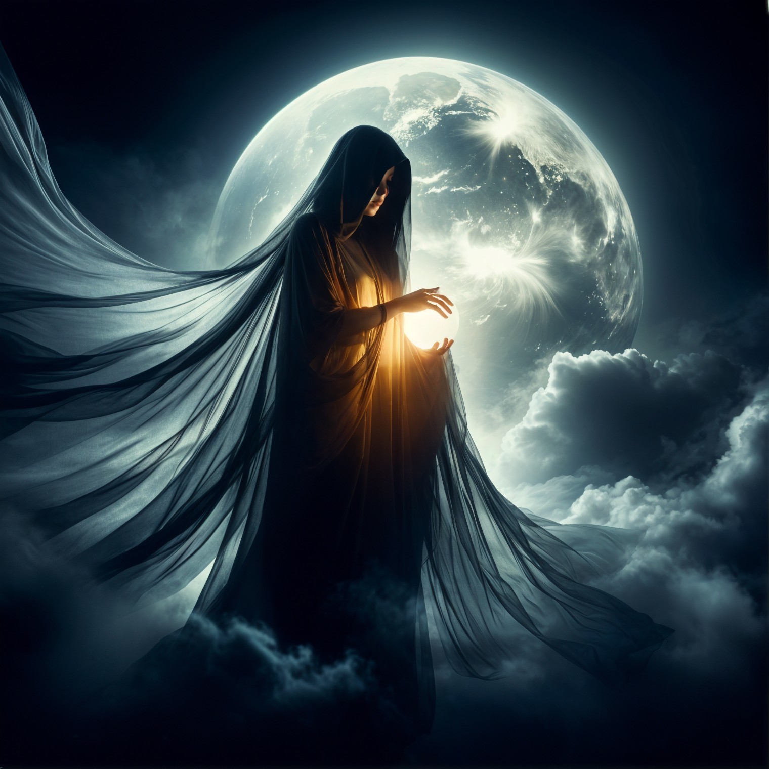 Mysterious Figure in Black Fabric Under Full Moon