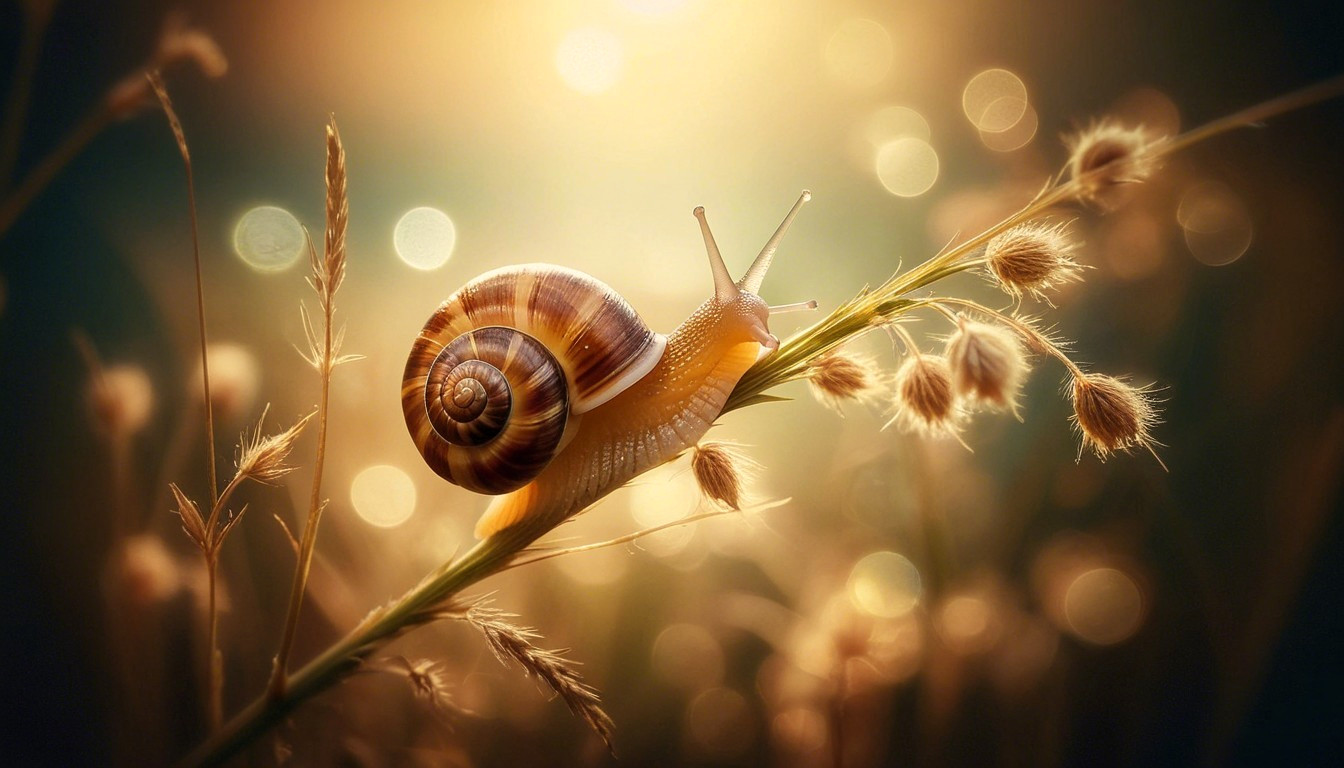 Close-Up of Snail on Grass with Golden Bokeh Background