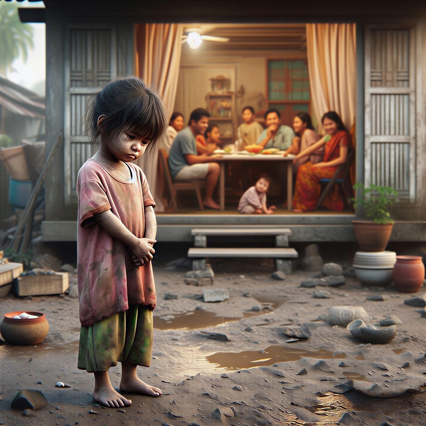 Contrast of a Solitary Girl and Family Meal Scene