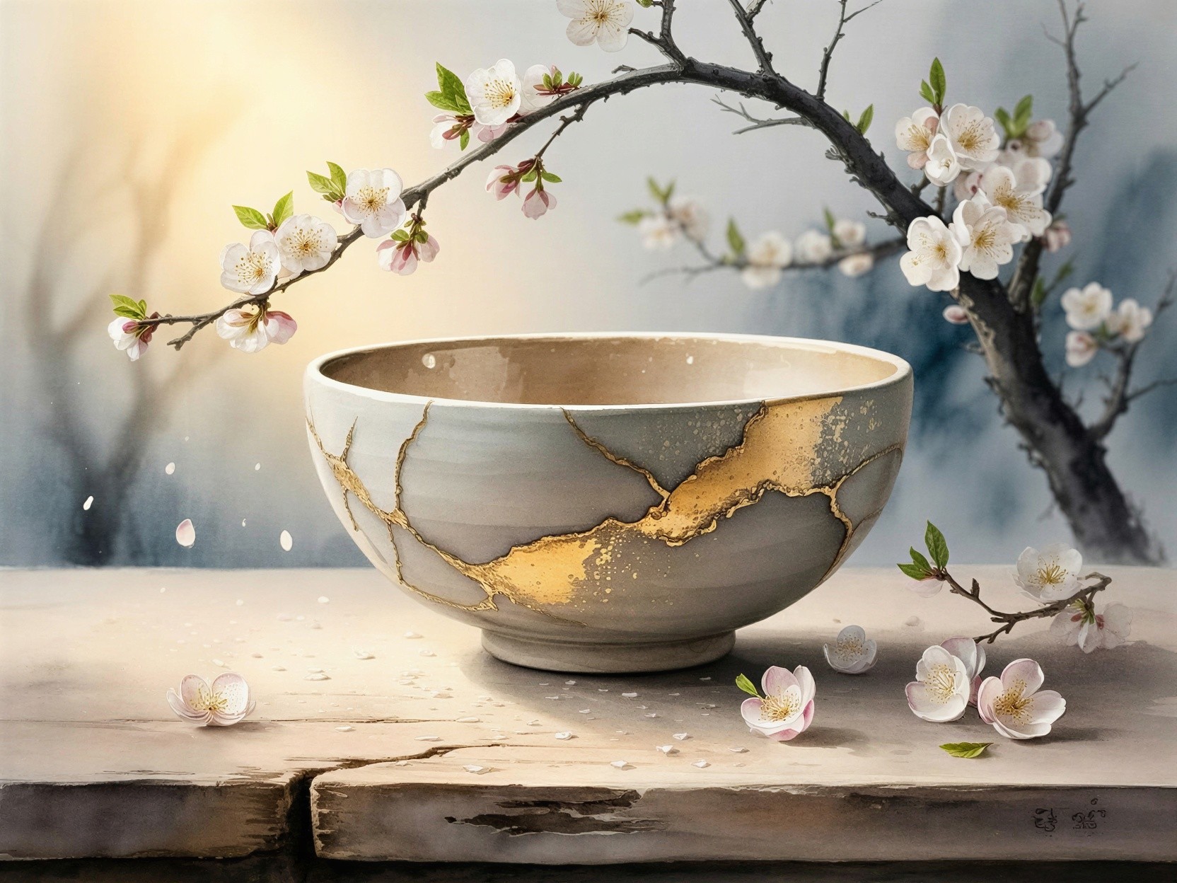 Elegant Bowl with Gold Cracks and Cherry Blossoms