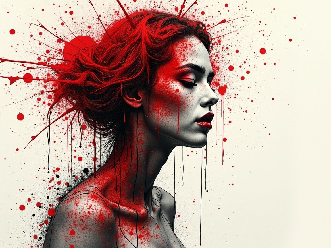 Portrait of a Woman in Profile with Red Abstract Art