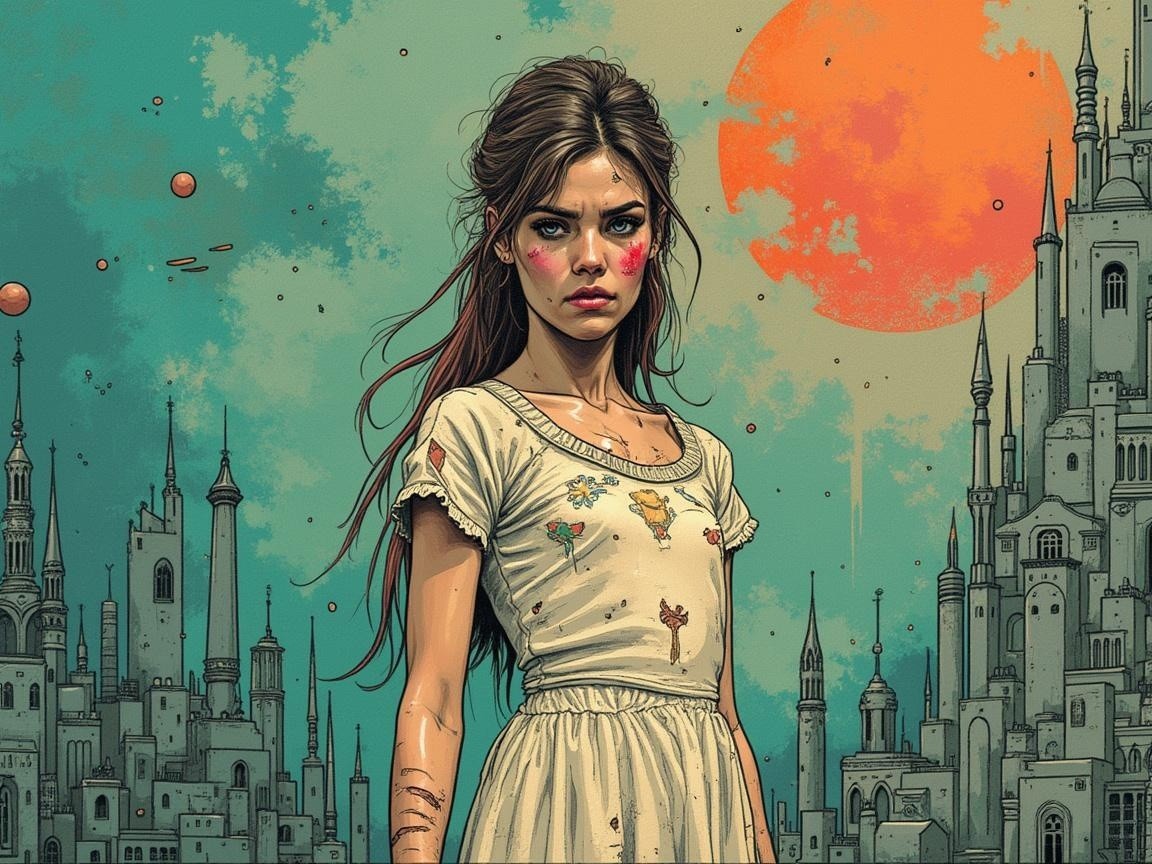 Young girl in whimsical dress amidst a dreamlike landscape