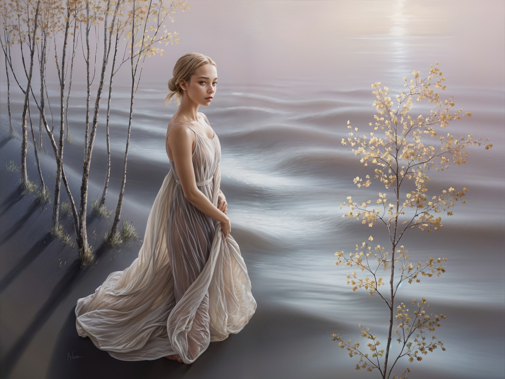 Young Woman in Ethereal Landscape with Golden Foliage