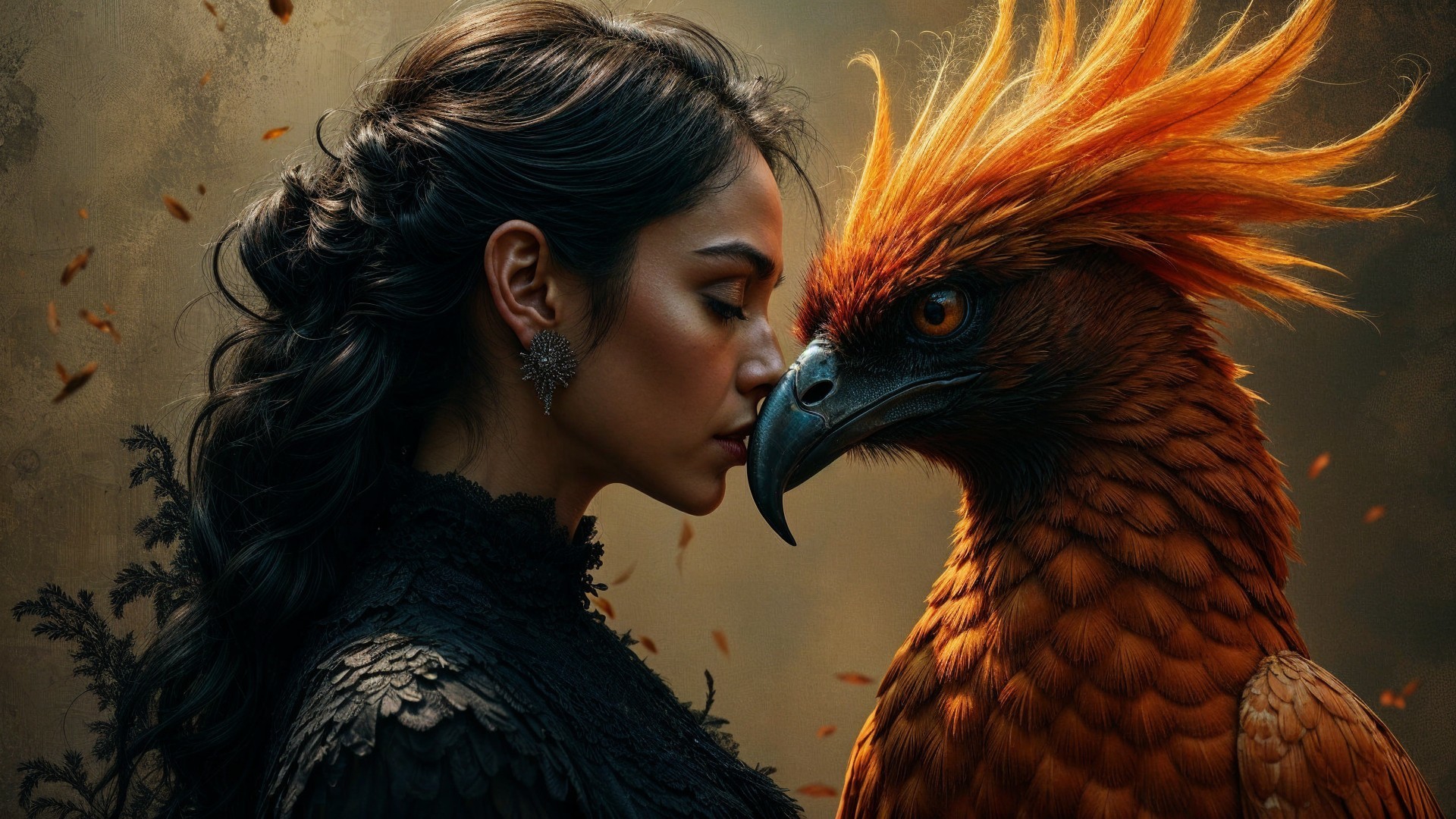 Woman with Griffin in Enchanted Forest Setting
