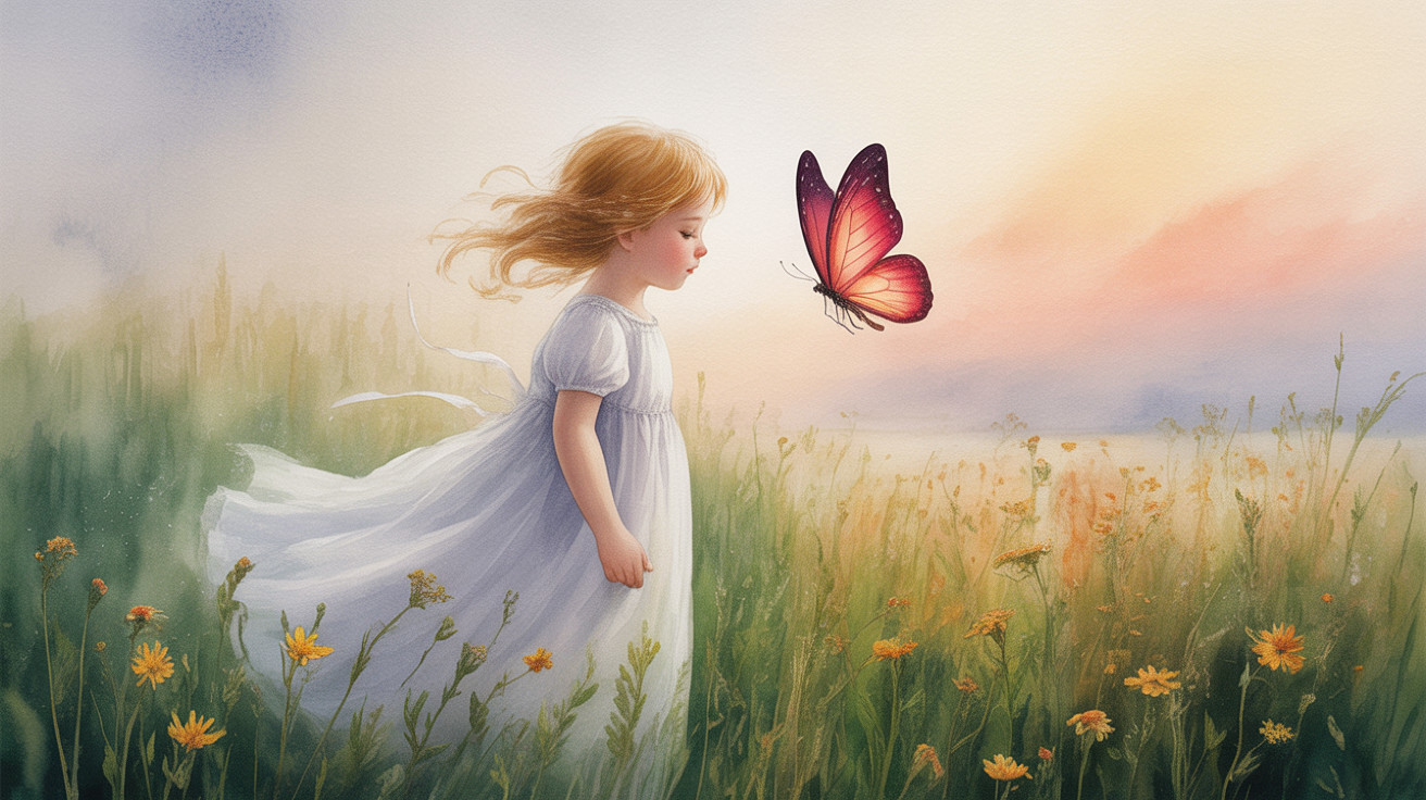 Young Girl in Field of Wildflowers with Butterfly