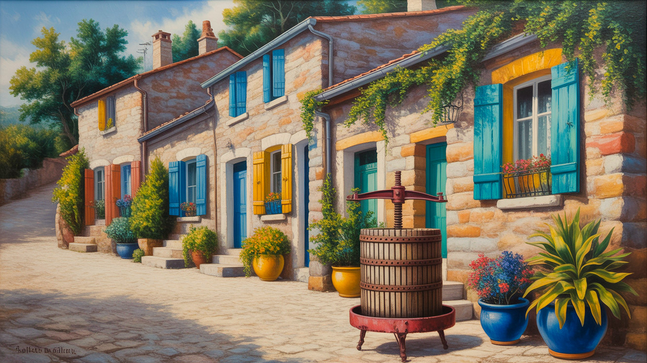 Charming Village Street with Stone Cottages and Vines