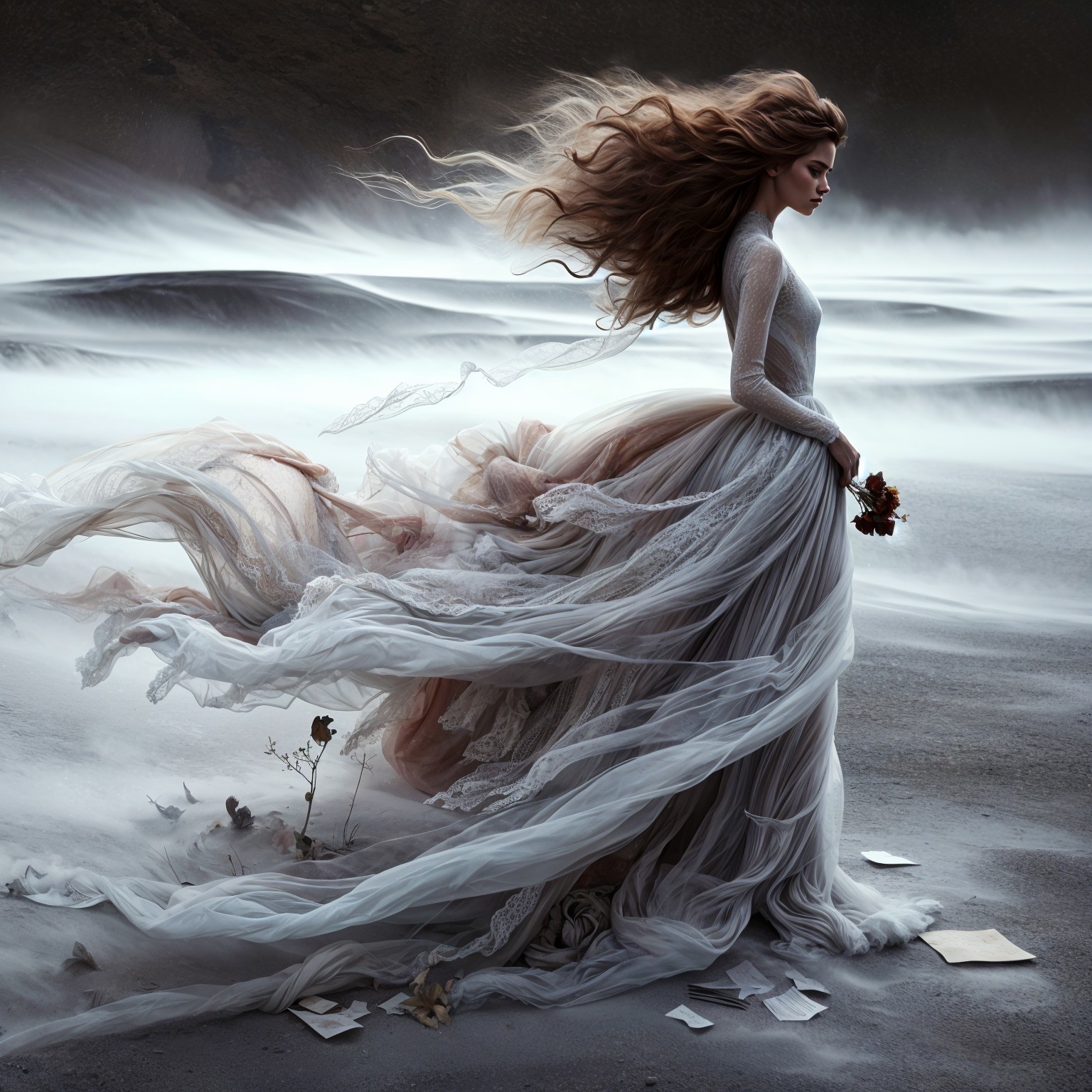 Ethereal woman in flowing gown on windswept beach