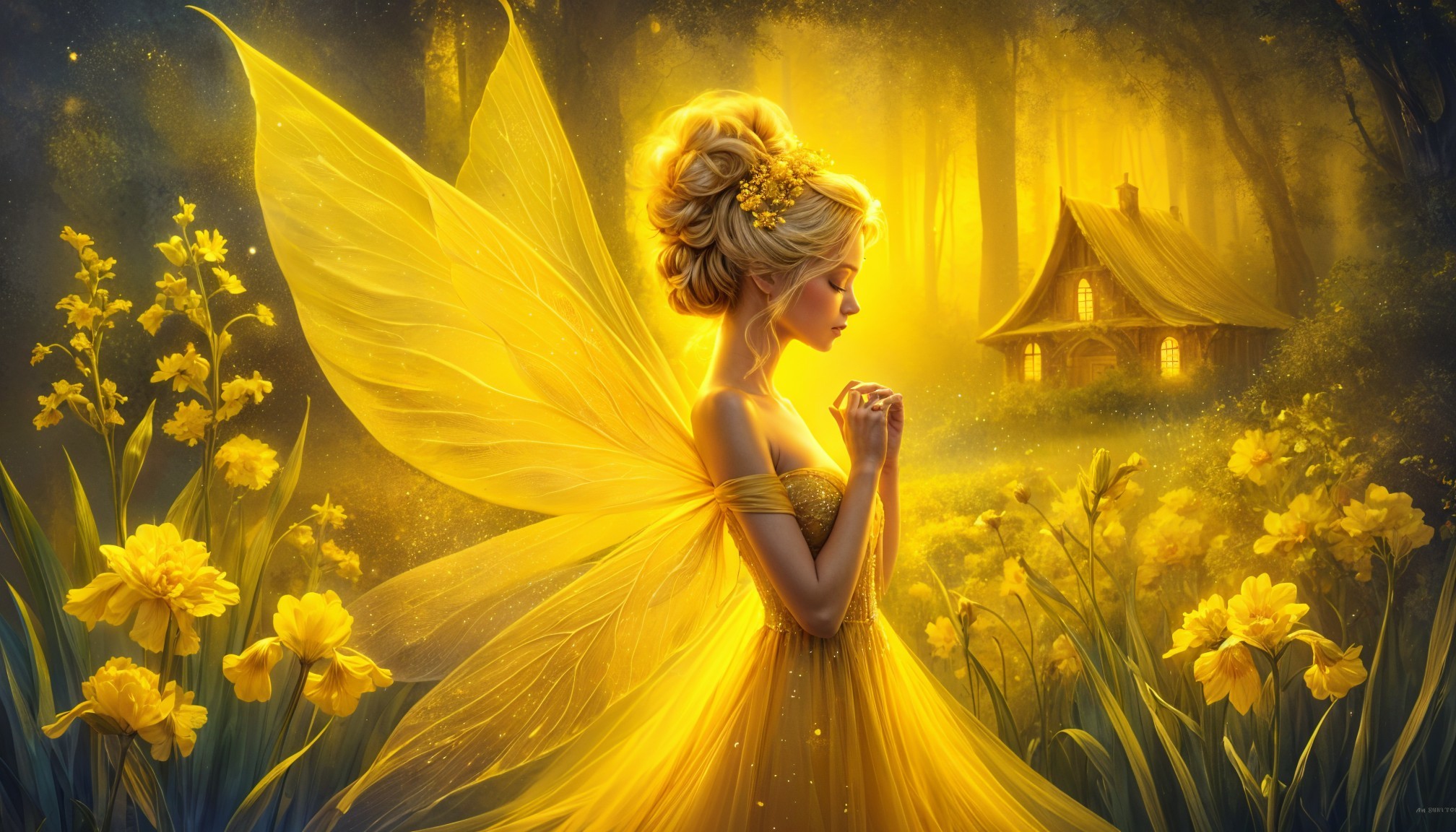 Fairy in Yellow Gown in Sunlit Forest Setting