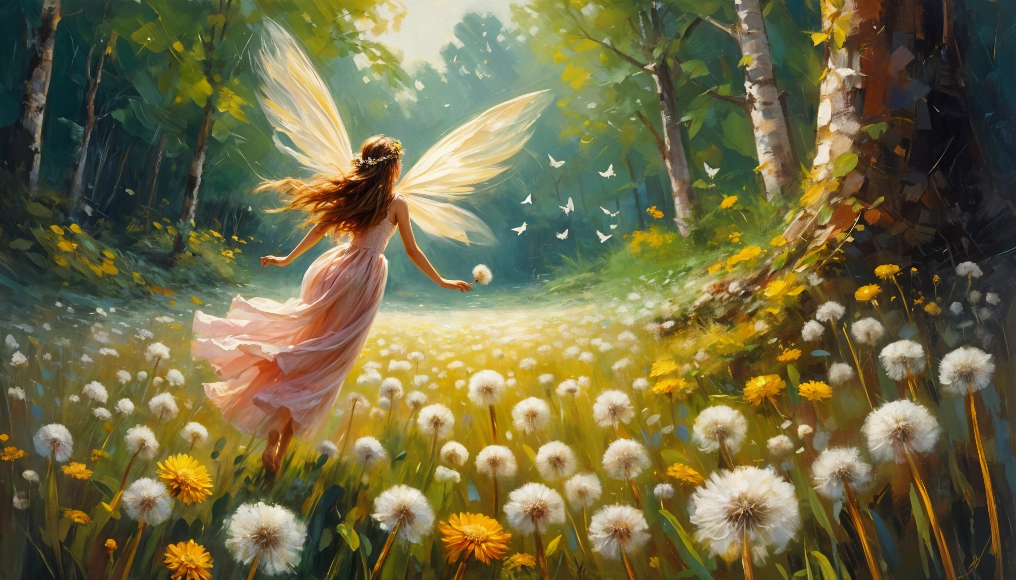 Whimsical scene of a girl with fairy wings in a meadow