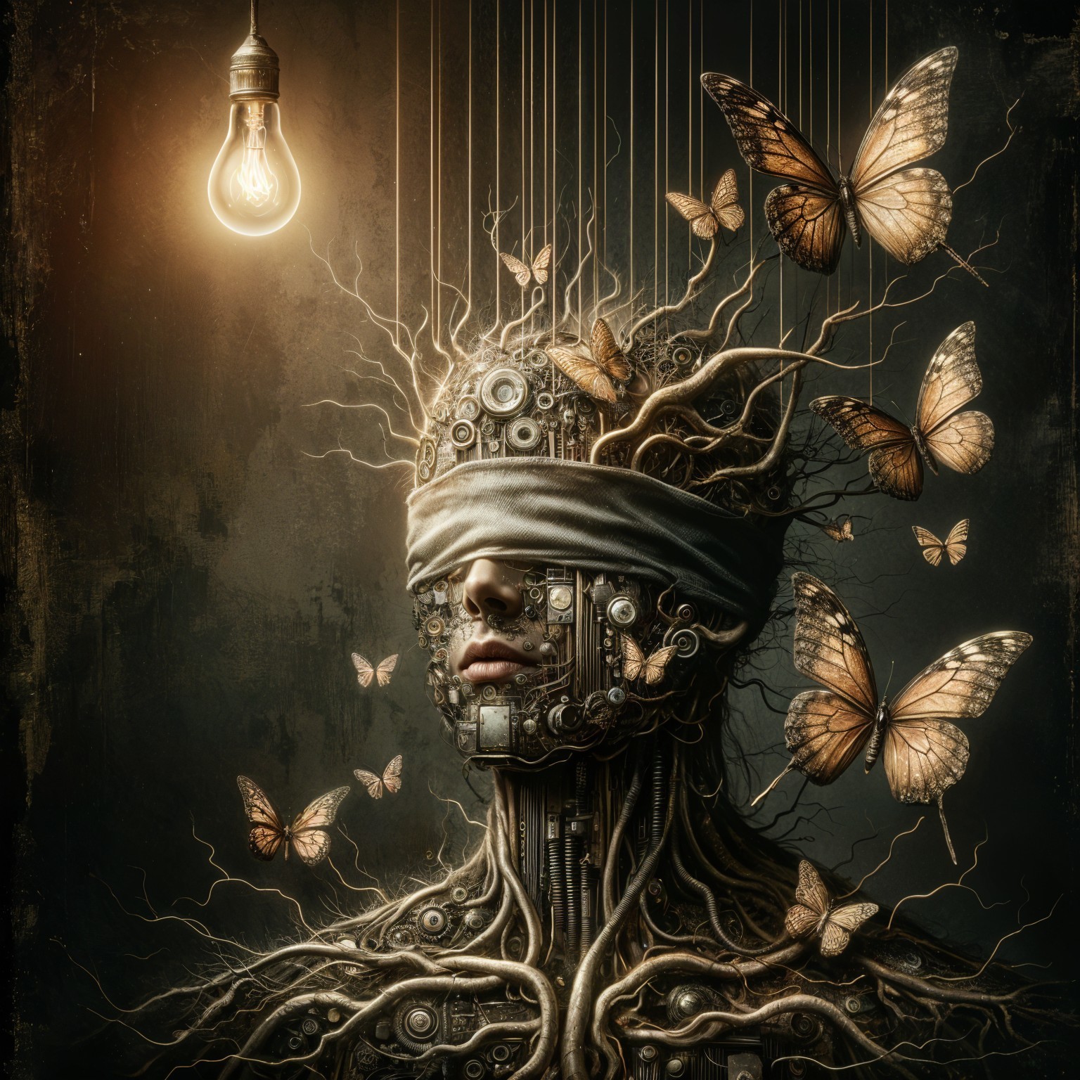 Surreal Figure with Mechanical Head and Butterflies