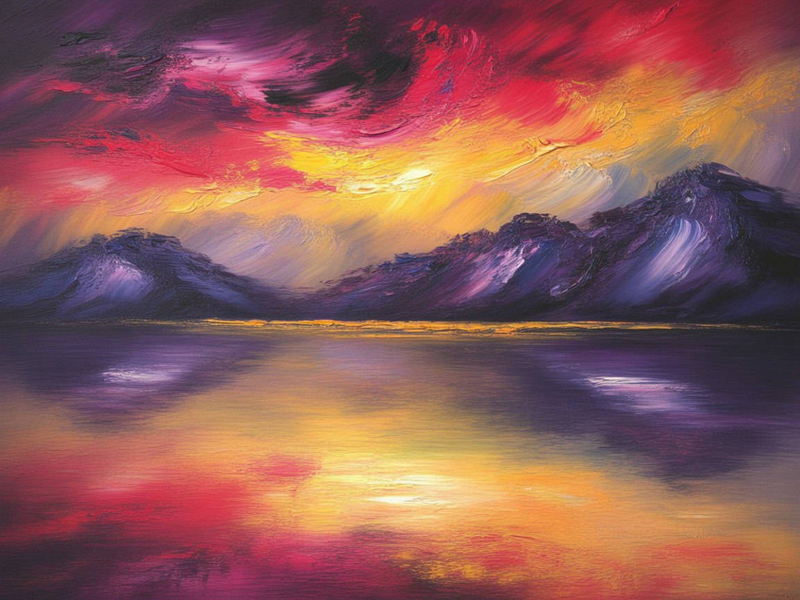 Dramatic Landscape Painting with Fiery Sunset Colors