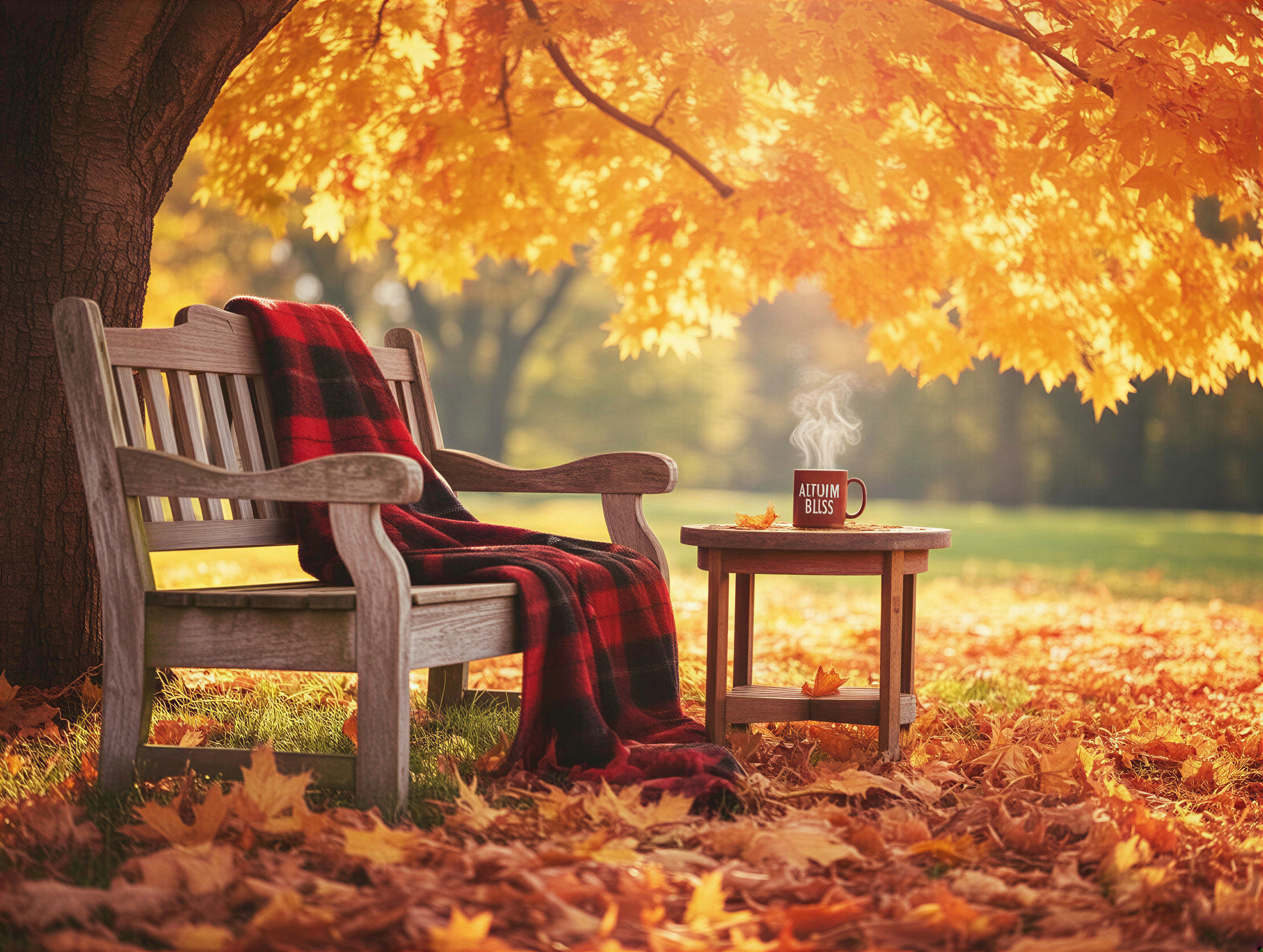 Cozy Bench Under Vibrant Autumn Tree with Blanket