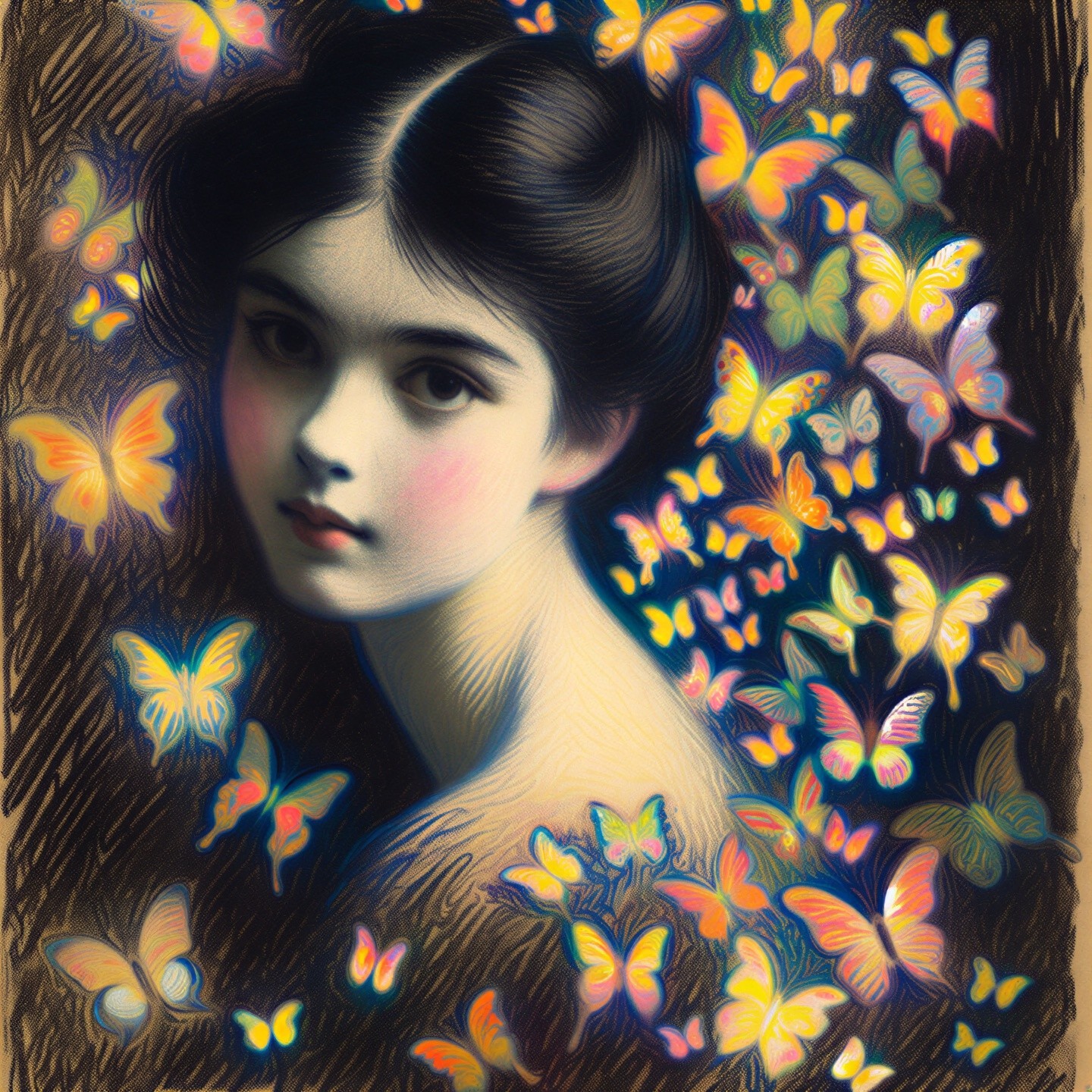 Portrait of a Young Girl Surrounded by Butterflies
